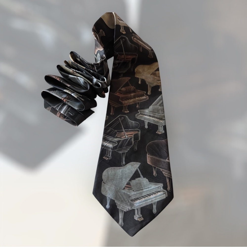 D'em Crazy Musician Grand Pianos Neck Tie Necktie Black Gold Polyester